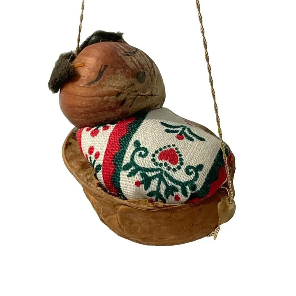Adorable hazelnut‎ mouse in walnut cradle Christmas Ornament Handmade Vintage